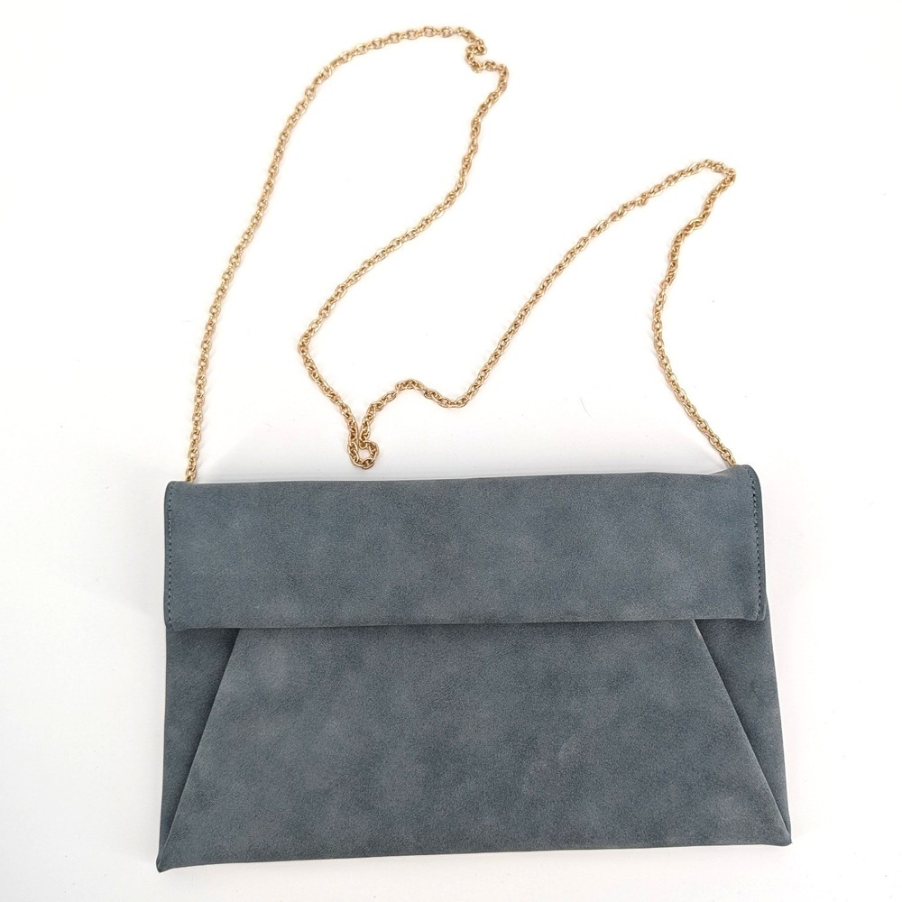 Faux Suede Envelope Clutch Bag Slate Gray Gold Chain Strap Evening Crossbody